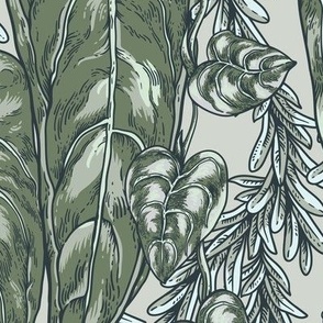 Neutral vintage green leaves, dark botanica