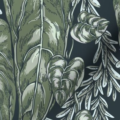 Neutral vintage green leaves on black, dark botanica - L