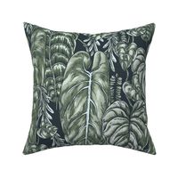 Neutral vintage green leaves on black, dark botanica - L