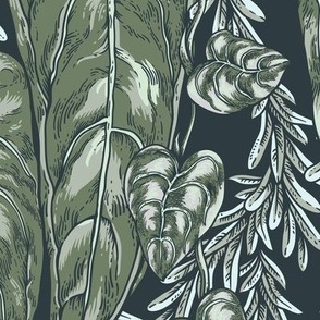 Neutral vintage green leaves on black, dark botanica - L