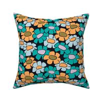 LARGE Fall Floral Retro Halloween in Teal, Cyan Light Blue and Orange