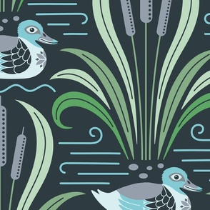 (XL) Swimming ducks and cattails in a pond Pantone Mega Matter colors