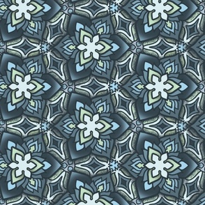Blue and Green Geometric Mandala pattern using Pantone Mega Matter palette