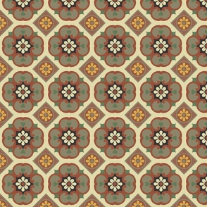 Browny flowers on tiles, retro vintage inspiration for floors with muted earthy colours. Small 4 inches.