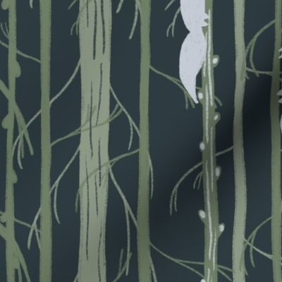 Night forest with squirrels in pantone green and grey colors