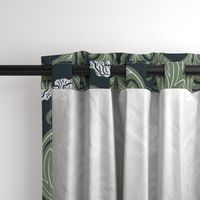 Silver & Sage Green Poppy Damask on a Navy: Jumbo Scale 