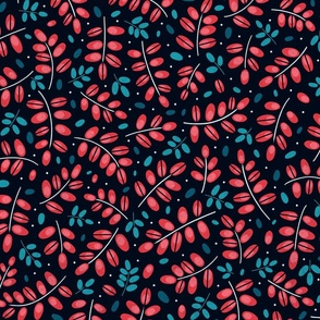 Twigs red and blue on dark // normal scale 0002 I //  twig leaves leaf dots red reds teal blue navy blue turquoise dark background 