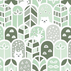 L - Woodland Hide & Seek - Trees Forest Pantone Green Wild Animals Bear Wolf Owl Deer Rabbit Cat Geometric Stripes Dots Scandinavian Folk Retro Vintage Midcentury Baby Nursery Children Kids Winter Nature Landscape Large Scale