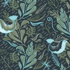 Little Birds In The Leafy Spray - Teal and Olive XL