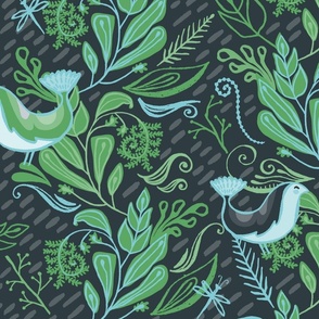 Little Birds In The Leafy Spray - Teal and Spring Green XL