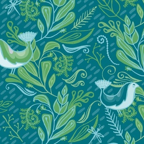 Little Birds In The Leafy Spray - Bright Green and Teal XL