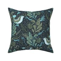 Little Birds In The Leafy Spray - Teal and Olive Large