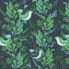 Little Birds In The Leafy Spray - Teal and Spring Green Large