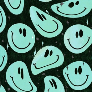 Trippy Boho Aqua Blue over Black Smiley Face - Boho Aqua Blue Smiley Face - Aqua Blue Trippy Smiley Face - SmileBlob - xxtsf505b - 67.91in x 56.49in repeat - 150dpi (Full Scale)