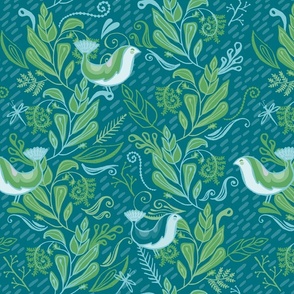 Little Birds In The Leafy Spray - Bright Green and Teal Large