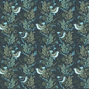 Little Birds In The Leafy Spray - Teal and Olive Medium