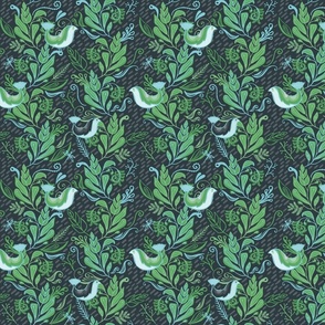Little Birds In The Leafy Spray - Teal and Spring Green Medium