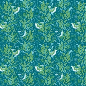 Little Birds In The Leafy Spray - Bright Green and Teal Medium