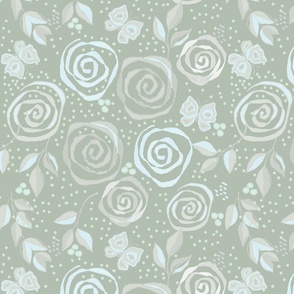 Bed of roses in pale greens, taupe and pale blue