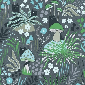 (L) Moody Whimsy Cats and Mushrooms illustration in the dark forest / PANTONE MEGA MATTER on grey