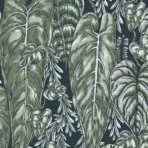 Neutral vintage green leaves on black, dark botanica - M