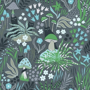 (S) Moody Whimsy Cats and Mushrooms illustration in the dark forest / PANTONE MEGA MATTER on grey
