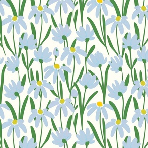 Medium Meadow Floral - Fog Light Blue and Kelly green on natural white painterly flowers - artistic brush stroke daisy kopi