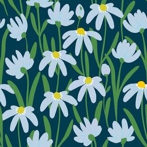 Small Meadow Floral - Fog Light Blue and Kelly green  on Prussian Blue painterly flowers - artistic brush stroke daisy kopi