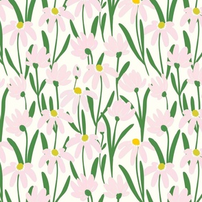 Medium Meadow Floral - Light pink and Kelly green on natural white painterly flowers - artistic brush stroke daisy 