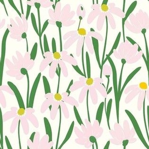 Small Meadow Floral - Light pink and Kelly green on natural white painterly flowers - artistic brush stroke daisy kopi
