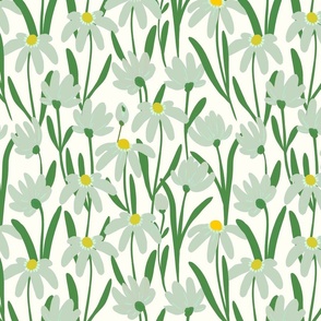 Medium Meadow Floral - Pastel and Kelly green on natural white painterly flowers - artistic brush stroke daisy kopi