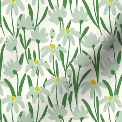 Small Meadow Floral - Pastel and Kelly green on natural white painterly flowers - artistic brush stroke daisy kopi