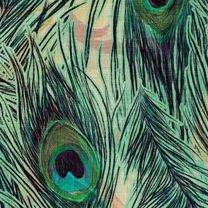 Peacock feathers on a marbled background with linen texture