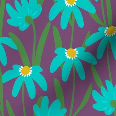 Medium Meadow Floral - Blue and green on purple painterly flowers - artistic brush stroke daisy 