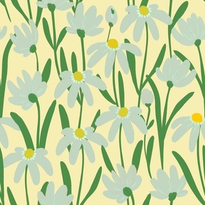 Medium Meadow Floral - Pastel and Kelly green on butter light yellow painterly flowers - artistic brush stroke daisy 