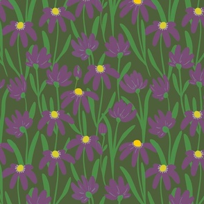 Medium Meadow Floral - Purple on cactus green painterly flowers - artistic brush stroke daisy kopi