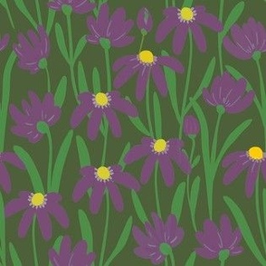 Small Meadow Floral - Purple on cactus green painterly flowers - artistic brush stroke daisy kopi