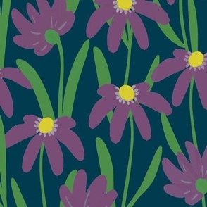Medium Meadow Floral - Purple on dark blue painterly flowers - artistic brush stroke daisy kopi