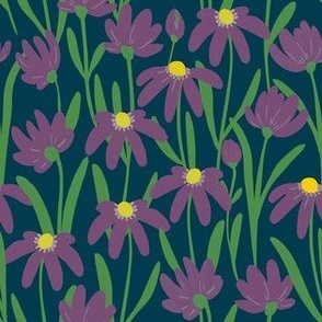 Small Meadow Floral - Purple on dark blue painterly flowers - artistic brush stroke daisy kopi