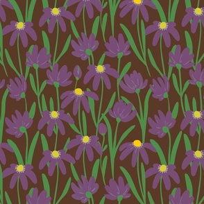 Medium Meadow Floral - Purple on nut brown painterly flowers - artistic brush stroke daisy  kopi