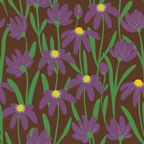 Small Meadow Floral - Purple on nut brown painterly flowers - artistic brush stroke daisy  kopi
