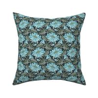 Blue Flower - Small - Olive - Linen Texture, Blue, Charcoal
