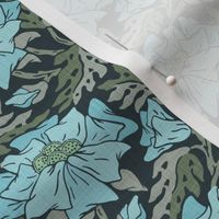 Blue Flower - Small - Olive - Linen Texture, Blue, Charcoal