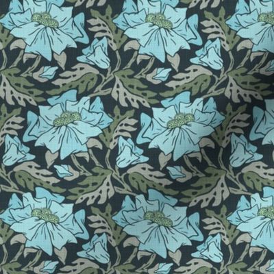 Blue Flower - Small - Olive - Linen Texture, Blue, Charcoal