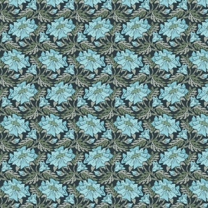 Blue Flower - Small - Olive - Linen Texture, Blue, Charcoal