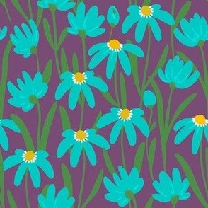 Small Meadow Floral - Blue and green on purple painterly flowers - artistic brush stroke daisy  kopi