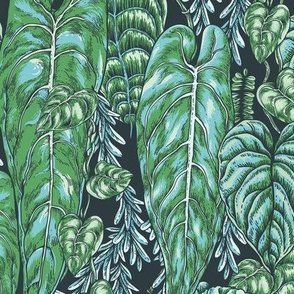 Bright vintage green leaves on black, dark botanica - M