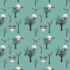 Silhoutte Trees and Bats with Full Moon Polka dots