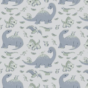 Cute Dinosaurs - SOFT SILVER - pastel tones _small scale
