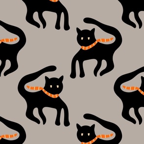 Black Halloween Cat Orange Scarf // Gray Background